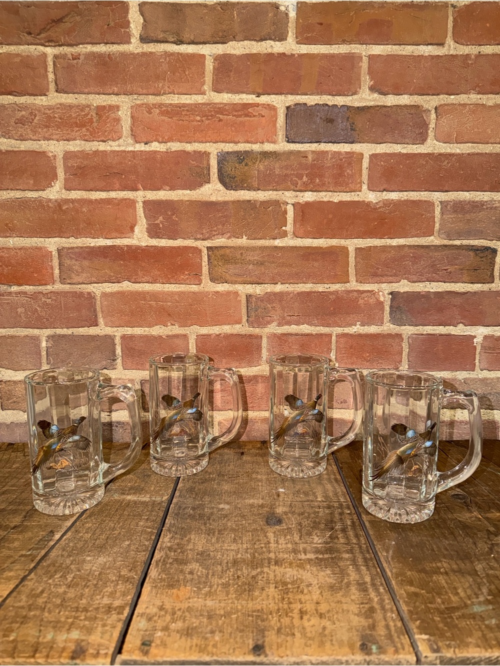 Vtg David Maass Pheasant Glass Beer Mugs Steins Set of 4 Starburst Base Wildlife